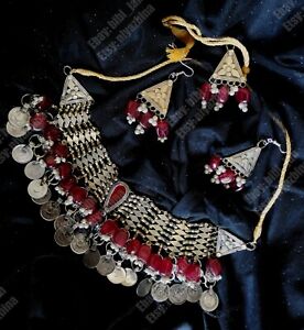 Afgański czerwony złoty naszyjnik kuchi choker plemienny, kolczyki, pierścionek antyczna biżuteria