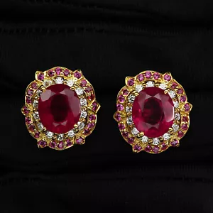 Classically Blood Red Ruby 10.20Ct 25 Sterling Silver 24K Gold Plated Earrings - Picture 1 of 6