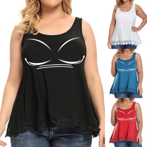 Women Cami with Built in Bra Cup Casual Flowy Swing Pleated Tank Top Plus Size @ - Picture 1 of 33
