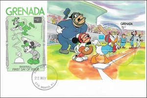 Mickey Mouse Goofy Donald Duck Baseball Stamp Sheet Disney Grenada FDC 1986 - Picture 1 of 1