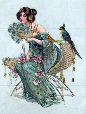 Tile Mural/Mosaic Ceramic Panel of Lady With Parrot - Alphonse Mucha Prints - Image 1 of 4