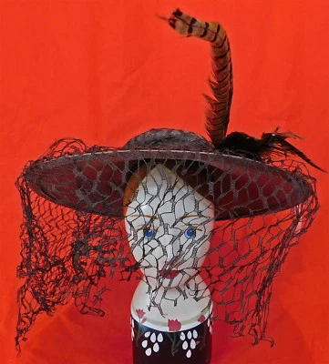 Vintage JP Allen & Co Brown Straw Pheasant Feather Wide Brim Cartwheel Hat 1940s - Image 1 of 4