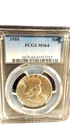 1955 PCGS MS64   FRANKLIN ( 90% SILVER)  HALF DOLLAR  CERT.# 6670.64/41913753 - Image 1 of 4