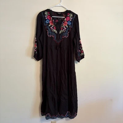 Johnny Was M Floral Maxi Dress Black Embroidered Boho Chic 3/4 Sleeve Tiered - Image 1 of 4