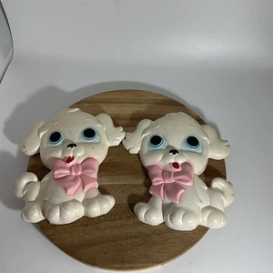 Vtg 2 Set Chalkware White Dog Pink Bow 1972 Miller Studio 5x6” Wall Hanging - Picture 1 of 7