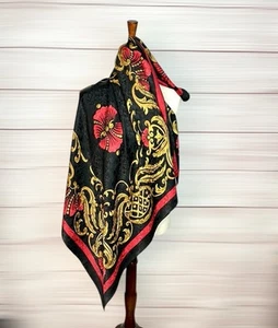 Vtg Linda Allard Ellen Tracy Silk Square Scarf Black Red Gold 35x35” Excellent - Picture 1 of 13