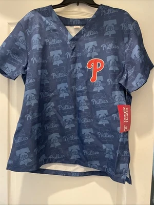 Phillies MLB Nurse Doctor Scrub Top Blue Temple Health Adult Size M - Image 1 of 4