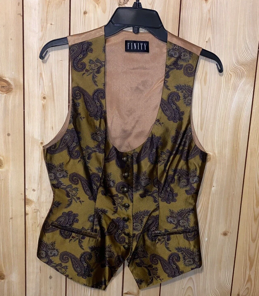 VTG Finity Womens Size 4 Gold Paisley Silk Vest Button Up Lined - Image 1 of 4