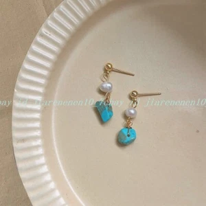 Natural 5-8mm Blue Turquoise Gems Chip Gravel Nugget Beads Dangle Stud Earrings - Picture 1 of 12