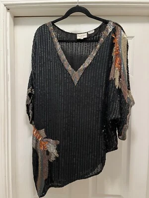 Frank Usher 100% Silk Sequin Asymmetrical Hemline Top Tunic Large Vintage 1980’s - Image 1 of 4