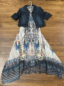 One World Handkerchief Dress Cropped Denim Jacket Embellished Lace Boho XS - Picture 1 of 12