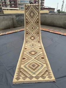 Afghan Kilim Runner Rug 2'9 x 13 ft – Handmade Modern Neutral Wool Flatweave Rug - Picture 1 of 10