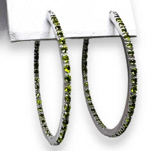 925 Sterling Silver In Out Peridot Green CZ Round Hoop Hinged Earrings 38 mm - Picture 1 of 8
