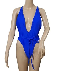 Womens Onepiece Deep Plunge Front Minimal Back Swimsuit Blue - Picture 1 of 9
