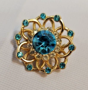 VTG Coro Floral Blue Turquoise & Clear Rhinestones Pin Brooch Gold Tone 1" - Picture 1 of 5