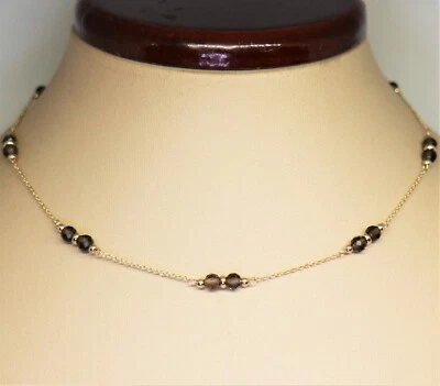Lovely 14K Solid Yellow Gold 4mm Natural Faceted Smoky Quartz Station Necklace - Image 1 of 4