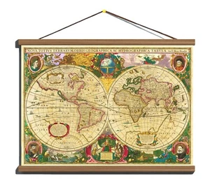 Ancient 1630 Antique Famous & Ornately Detailed World Map; Canvas Wooden Hanger - Picture 1 of 20