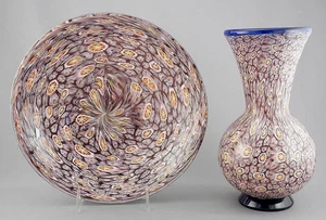 2 MURANO GLASS MILLEFIORI MATCHING PIECES 10"PLATTER 9.5"VASE DIMITRI CIMAROSTO - Picture 1 of 15