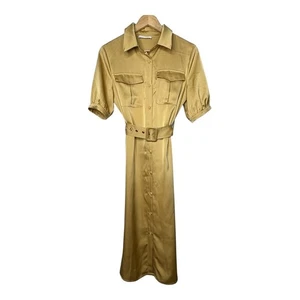 Vestido Camisa Vogue Vibes Dorado Cinturón Midi Manga Abullonada Carrera Informal Talla Mediana - Imagen 1 de 7