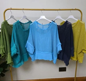 Italian Cotton Mesh Tunic Top for Women | Frayed Hem Oversized Jumper UK 8–20 - Picture 1 of 7