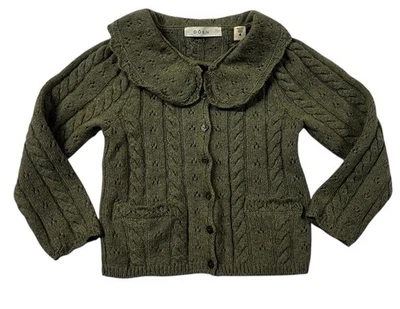 Cárdigan suéter tejido con cable de cachemir DOEN niñas 4 verde oliva con volantes abotonados Foto 1 de 4
