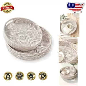 Eco-Friendly Round Rattan Serving Trays - Decorative Wicker Platter Set of 2 - Picture 1 of 8