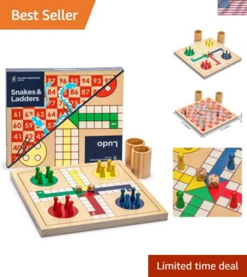 Classic 2-in-1 Wooden Snakes and Ladders & Ludo Game for Family Fun - 11.3 in - Image 1 of 4