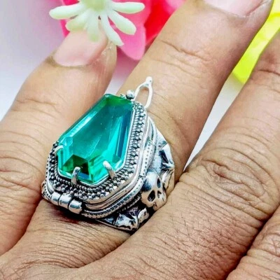 Skull Coffin Poison Ring, Tourmaline Gemstone 925 Silver Handmade Poison Ring, - Image 1 of 4