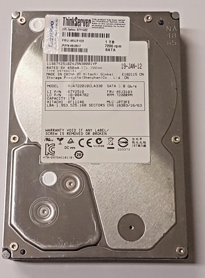 1 TB SATA Lenovo Thinkserver 67Y1402 HUA722010CLA330 7200RPM HDD 3.5 " Hard - Image 1 of 1