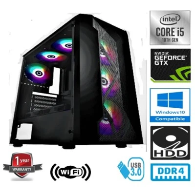 INTEL CORE i5 10400F 4.3GHz 6CORE 8GB RAM 1TB HDD GEFORCE GTX1050Ti 4G GAMING PC - Image 1 of 4