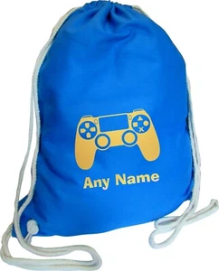 Gaming Print Personalised BLUE COTTON Kids Childs School Sports Gym PE Bag - Picture 1 of 12