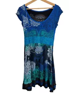 DESIGUAL Kleid klein blau Flügelärmel BLUMEN BESTICKT Boho Chic abstrakt Strand - Bild 1 von 17