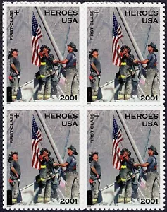 AMERICA RISPONDE, 9/11 9-11 HEROES del 2001, Vigili del Fuoco, MNH Blocco 4 Francobolli #B2 - Foto 1 di 2