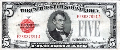 1928-B $5 "RED SEAL" Legal Tender VF-CVF Fr. 1527 - Image 1 of 3