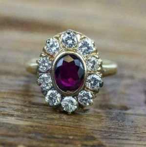 2.00 Ct Oval Cut Simulated Red Ruby Halo Engagement Ring 14k Yellow Gold Plated - Picture 1 of 4