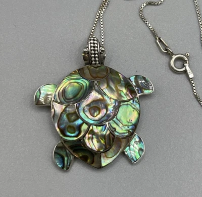 ATI Paua Abalone Sterling Silver Turtle Pendant Necklace 18.5" L, 6 grams - Image 1 of 4