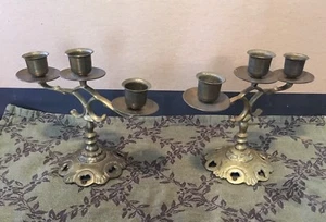 Vintage Engraved Solid Brass 3 Light Candelabra Pair Candle Holders - Picture 1 of 3