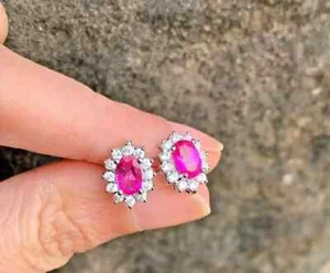 Oval Cut 2Ct Lab-Created Pink Ruby Women's Stud Earring 14k White gold Plated - Picture 1 of 9