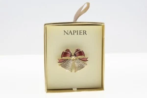NAPIER Christmas Pin White Rhinestones on Gold Bell with Red Lacquer Ribbons BOX - Picture 1 of 7