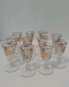 Libby Vintage Gold Leaf Cordial Shot Glasses Set of 11 Frosted Stemmed Barware - Picture 1 of 8