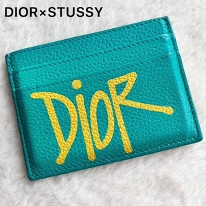 Dior x Shawn Stussy Card Holder Wallet Leather Green Yellow Logo Limited Edition - Picture 1 of 9