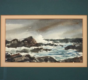 Rolandas Vilkauskas New England Künstler Rocky Shore Meereslandschaft Aquarell Gemälde - Bild 1 von 7