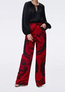 Diane Von Furstenberg Wide Pants Womens Size 12 Black Red Rose Print New - Picture 1 of 15