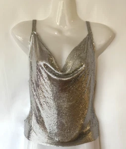 New Poster Girl Silver Chainmail Cowl Neck Top - Size L, Semi Cropped - Picture 1 of 11
