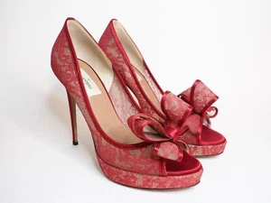 Valentino Garavani Red Lace Platform Bow Stiletto Heels $895, Size 9 | 39 - Picture 1 of 15