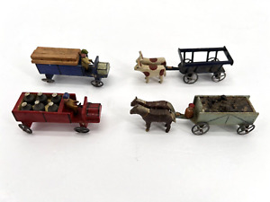 Lot 4 German Erzgebirge Miniature Trucks Wagons Wood Metal Wheels Toy Antique