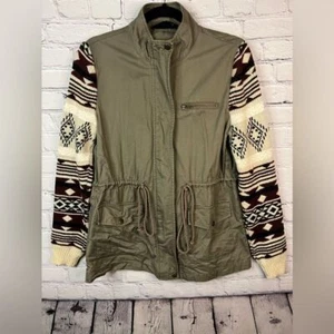 Miss Daisy Utility Army Green Aztec Sweater Sleeve Jacket Drawstring Waist Small - Picture 1 of 10