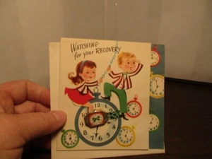 VINTAGE GET WELL GREETING CARD Tiny Tin Watch Attached Watching Your Recovery... - Picture 1 of 3