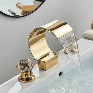 Gold Widespread Waterfall Bathroom Sink Faucet 2 Handle 3Hole Basin Mixer Tap - Picture 1 of 22