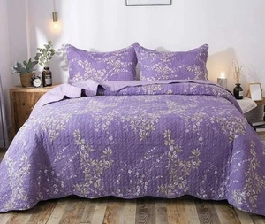 King Size Cotton Quilt Lilac Colored With 2 Pillow Shams - Picture 1 of 8